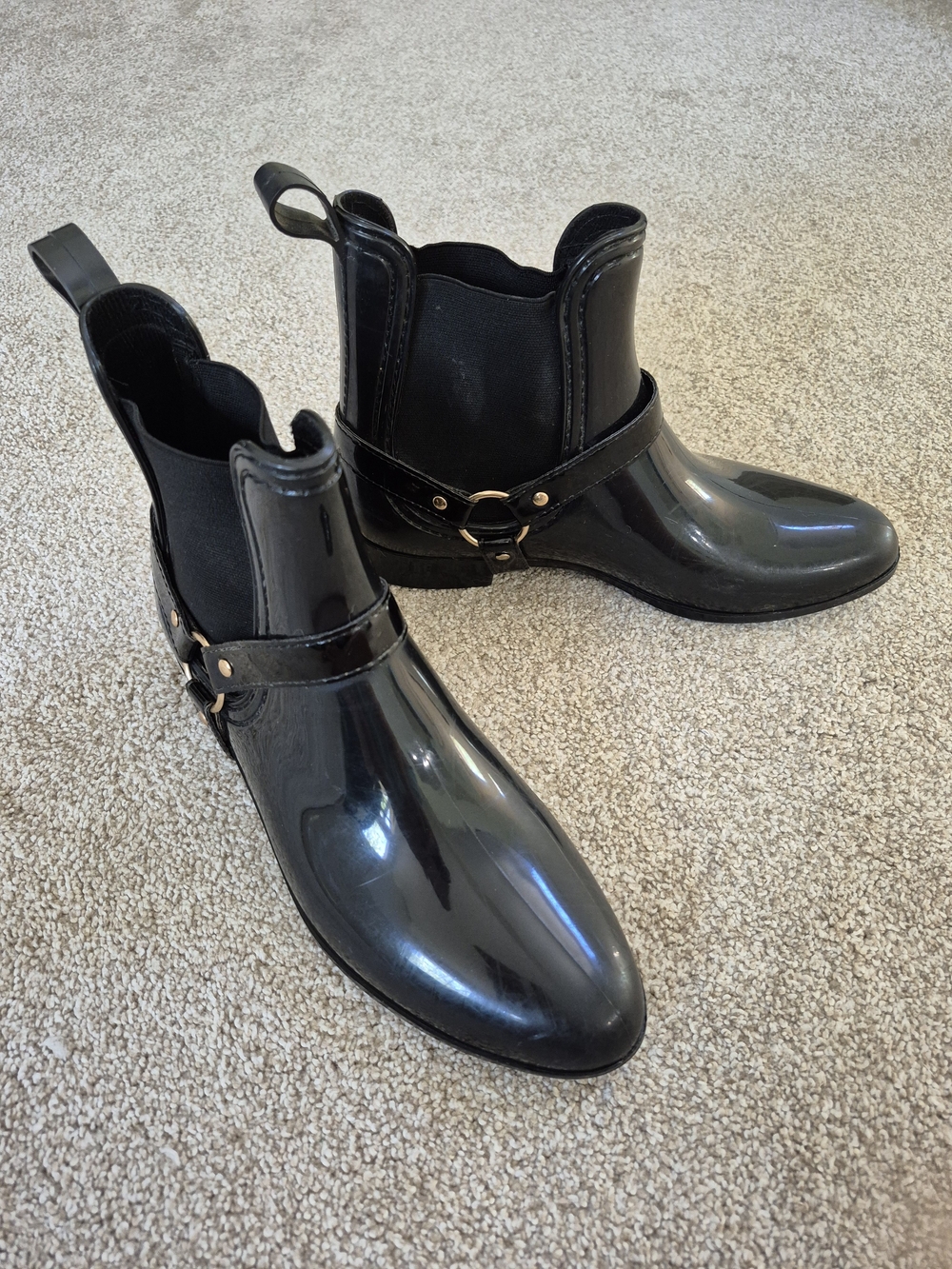 Soho Girls Black Glossy Ankle Rain Boots with Harness Accent